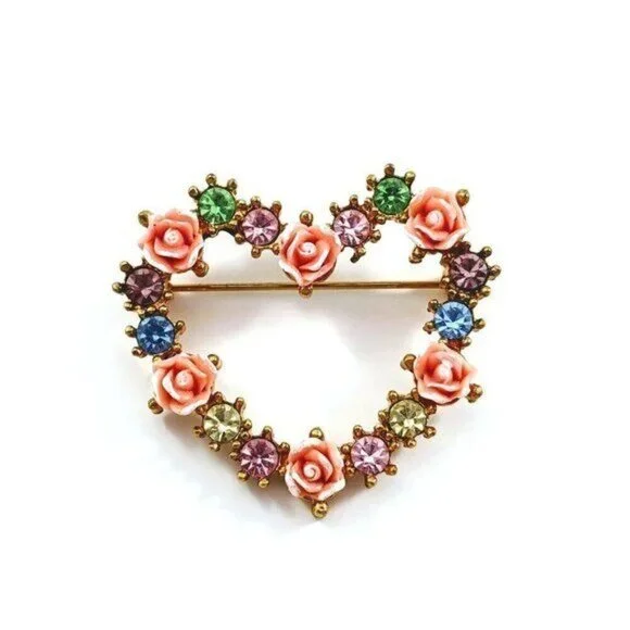 Vintage Avon 2002 Roses Heart Pastel Rhinestone Brooch Pin - Picture 2 of 5